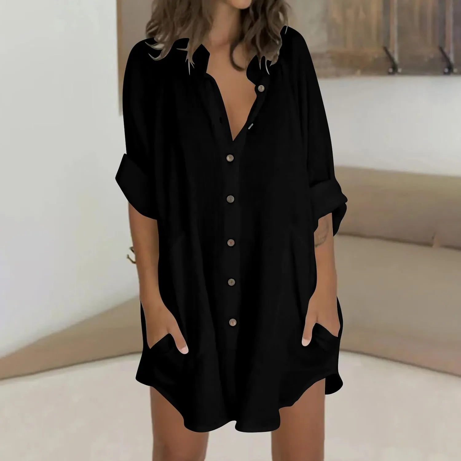 Binmer Womens Linen Button Down Shirt Summer 3/4 Sleeve Loose Blouse Oversized Casual V Neck Tunic Tops with Pockets