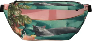 Blue Cat Laying On A Green Sofa Fanny Pack For Women Man, Waist Belt Bag Crossbody For Sports Travel Hiking Running Jogging