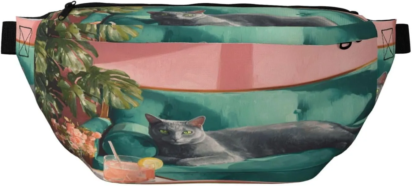 Blue Cat Laying On A Green Sofa Fanny Pack For Women Man, Waist Belt Bag Crossbody For Sports Travel Hiking Running Jogging