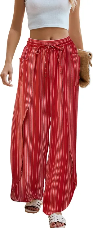 BMJL Womens Wide Leg Summer Pants Flowy Side Split Palazzo Beach Pants Boho High Waisted Trousers