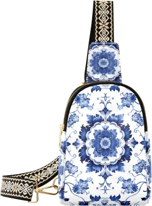 Boho Bag Small Sling Bag for Women Blue White Porcelain Pattern Leather Crossbody Bags Chest Bag Waist Packs