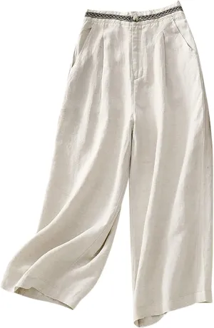 Boho Linen Pants for Women Trendy High Waist Cropped Palazzo Pants Summer Beach Casual Wide Leg Trousers with Pockets