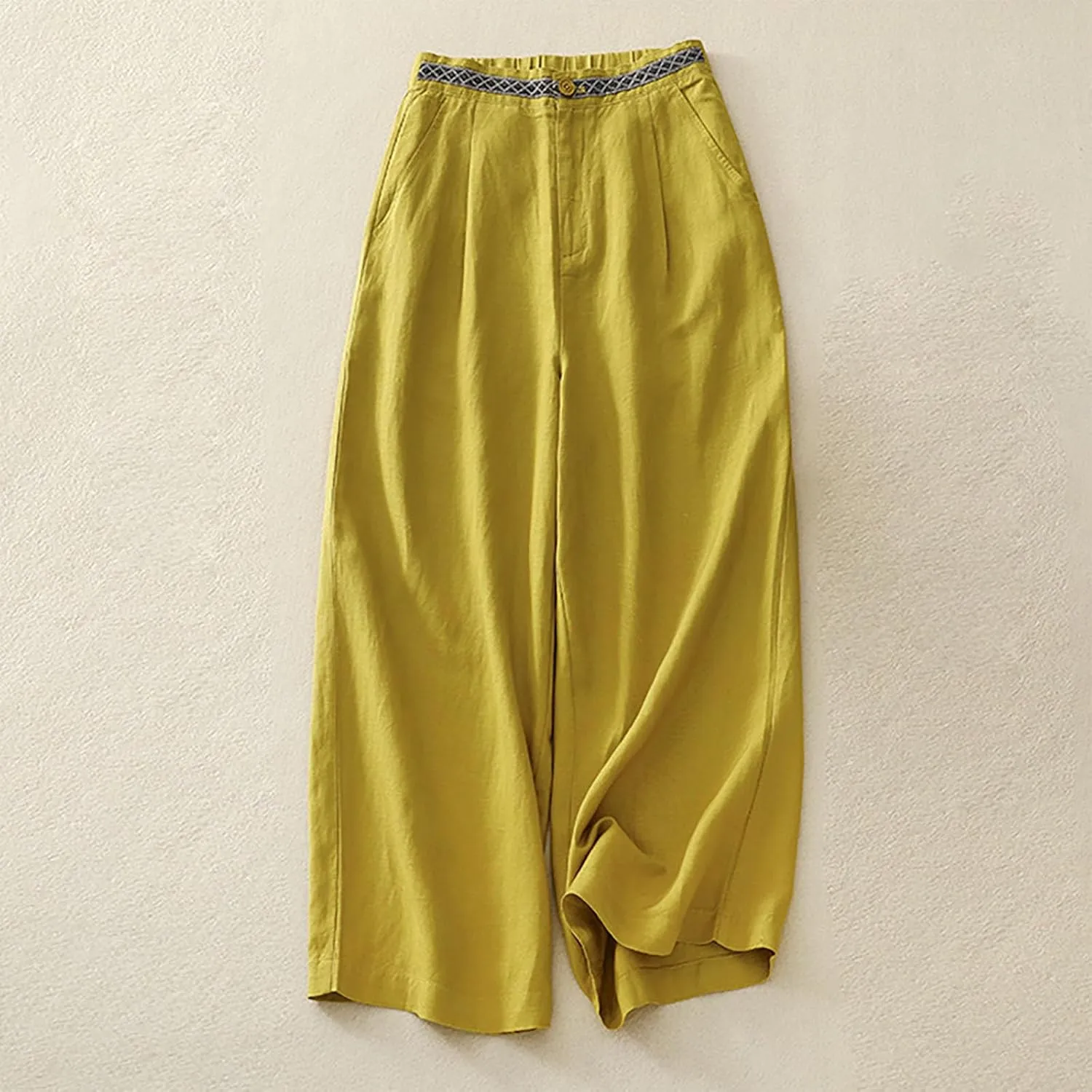 Boho Linen Pants for Women Trendy High Waist Cropped Palazzo Pants Summer Beach Casual Wide Leg Trousers with Pockets