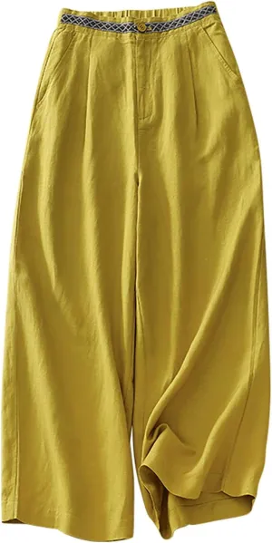 Boho Linen Pants for Women Trendy High Waist Cropped Palazzo Pants Summer Beach Casual Wide Leg Trousers with Pockets
