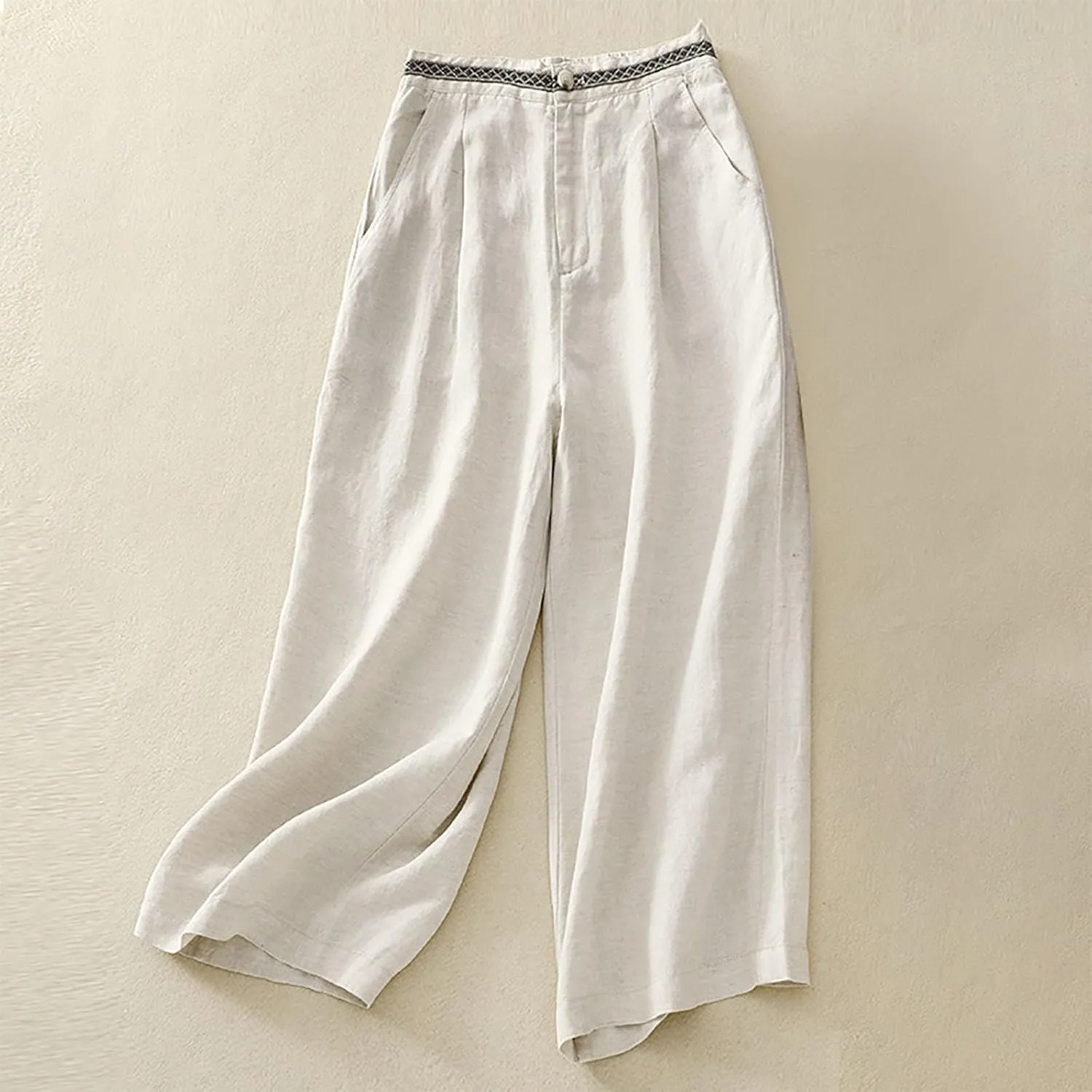 Boho Linen Pants for Women Trendy High Waist Cropped Palazzo Pants Summer Beach Casual Wide Leg Trousers with Pockets