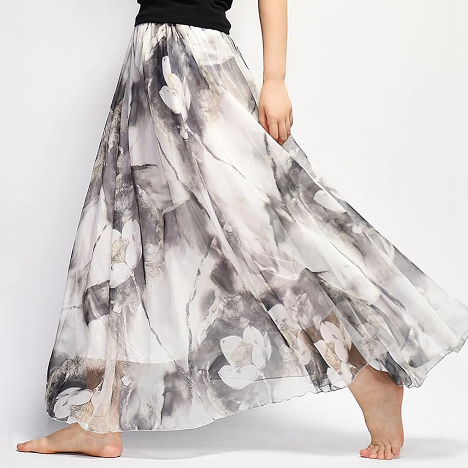 Boho Long Skirts for Women Summer Chiffon Floral Maxi Skirt Flowy High Waist A Line Pleated Skirts Cute Bohemian Beach Dress