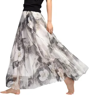 Boho Long Skirts for Women Summer Chiffon Floral Maxi Skirt Flowy High Waist A Line Pleated Skirts Cute Bohemian Beach Dress