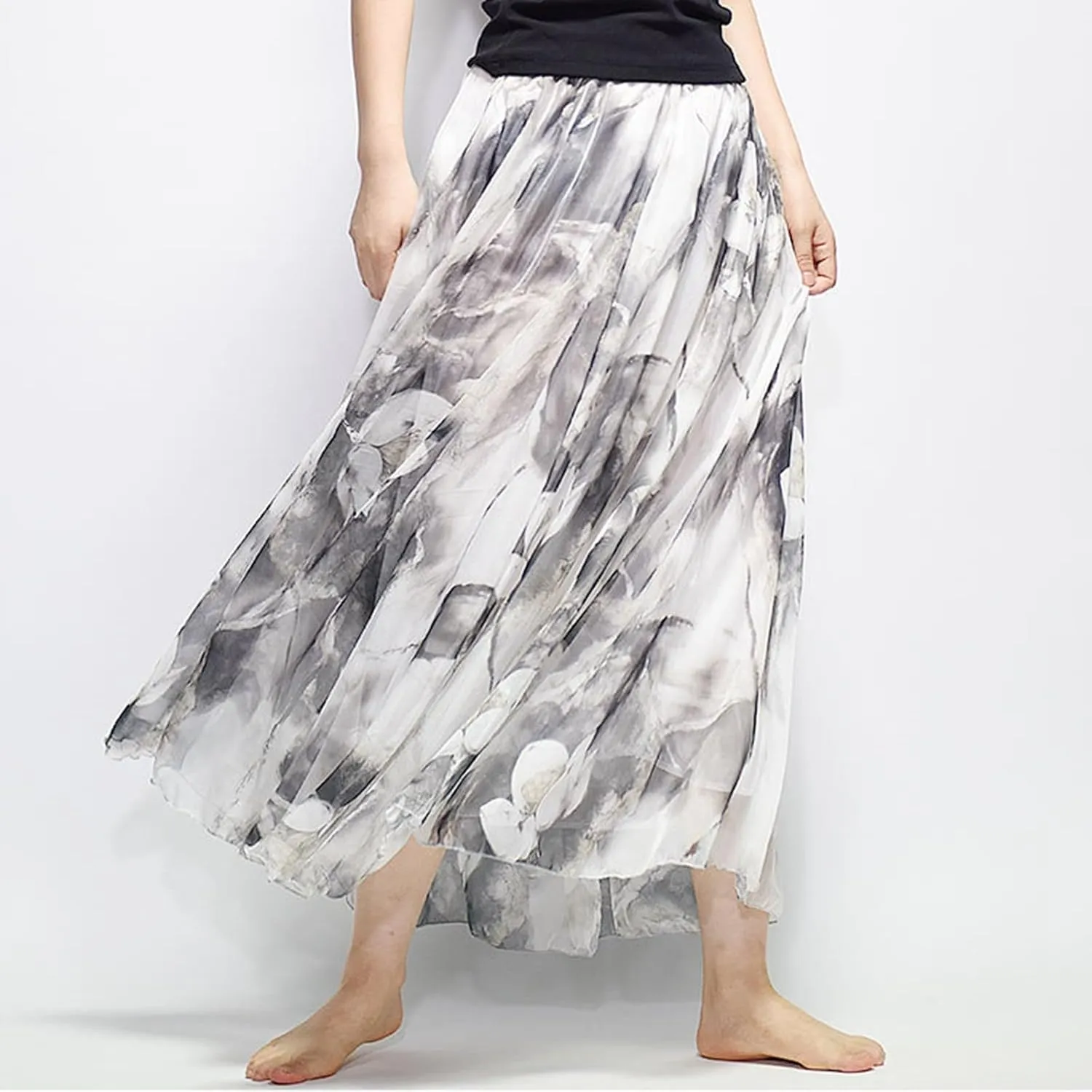 Boho Long Skirts for Women Summer Chiffon Floral Maxi Skirt Flowy High Waist A Line Pleated Skirts Cute Bohemian Beach Dress