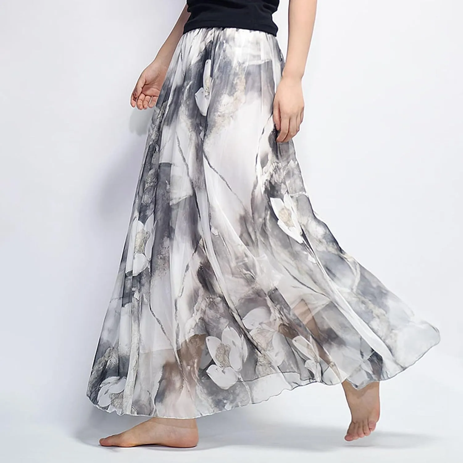 Boho Long Skirts for Women Summer Chiffon Floral Maxi Skirt Flowy High Waist A Line Pleated Skirts Cute Bohemian Beach Dress