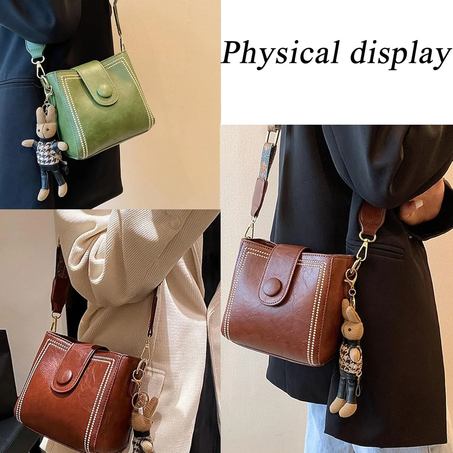 Bootara Bucket Bag, Women Vintage Fashion Bucket Bag with Adjustable Wide Shoulder Strap Bunny Charm Travel Crossbody Bags(Brown)