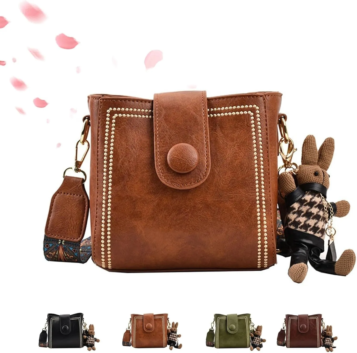 Bootara Bucket Bag, Women Vintage Fashion Bucket Bag with Adjustable Wide Shoulder Strap Bunny Charm Travel Crossbody Bags(Brown)