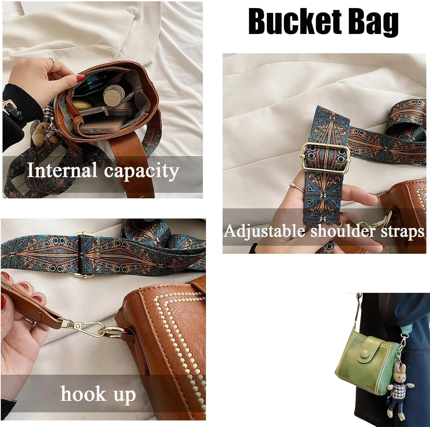 Bootara Bucket Bag, Women Vintage Fashion Bucket Bag with Adjustable Wide Shoulder Strap Bunny Charm Travel Crossbody Bags(Brown)