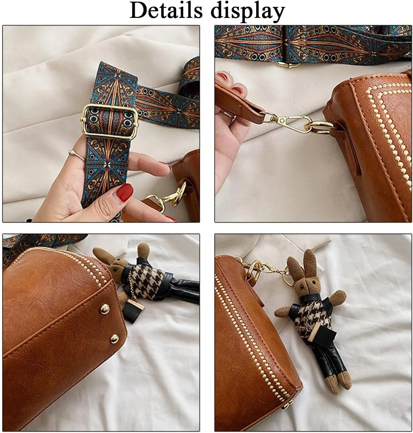 Bootara Bucket Bag, Women Vintage Fashion Bucket Bag with Adjustable Wide Shoulder Strap Bunny Charm Travel Crossbody Bags(Brown)
