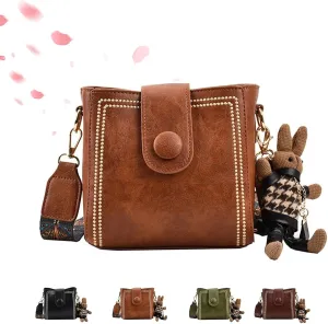 Bootara Bucket Bag, Women Vintage Fashion Bucket Bag with Adjustable Wide Shoulder Strap Bunny Charm Travel Crossbody Bags(Brown)