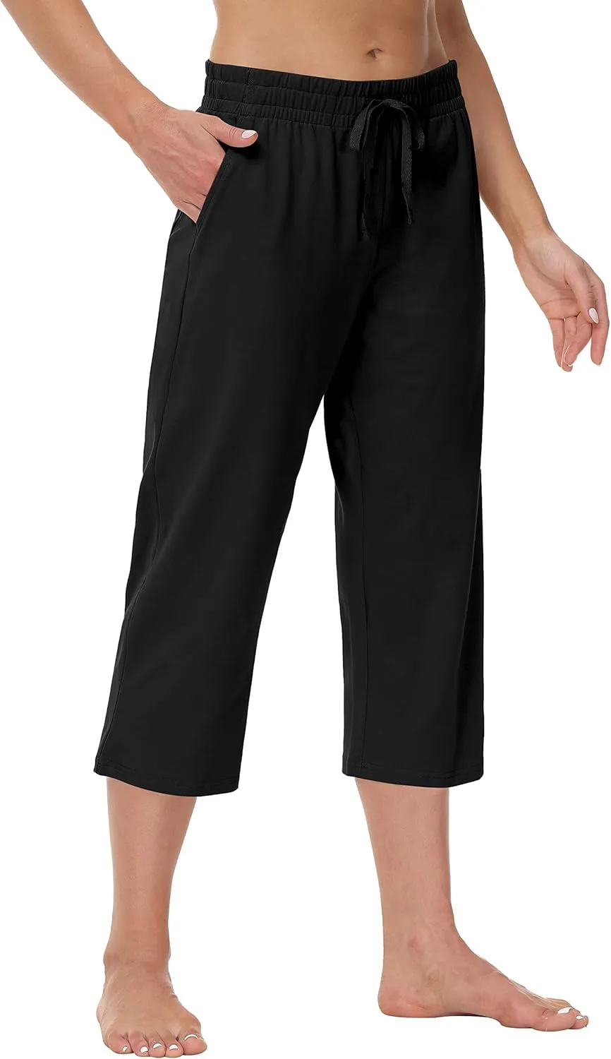 Cakulo Womens Capri Pants Wide Leg Yoga Capris Summer High Waisted Casual Lounge Cropped Pants with Pockets