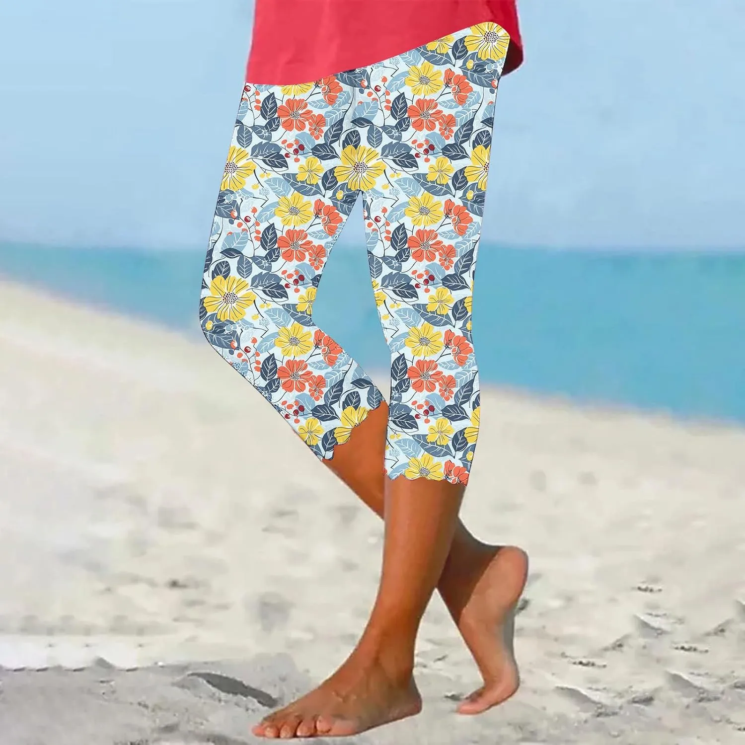 Capri Leggings for Women Floral Print High Waist Capris Tummy Control Knee Length Slim Fit Yoga Cropped Trousers