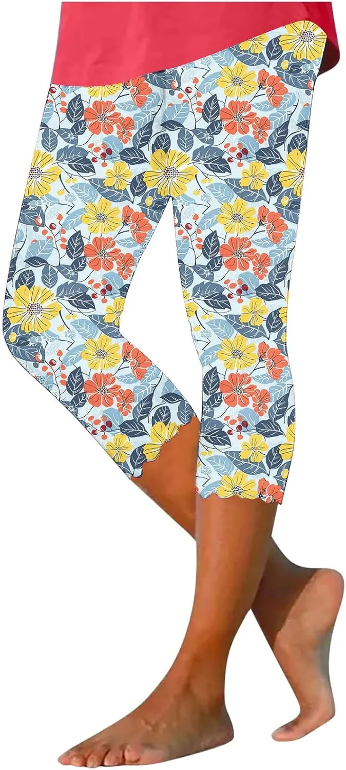 Capri Leggings for Women Floral Print High Waist Capris Tummy Control Knee Length Slim Fit Yoga Cropped Trousers