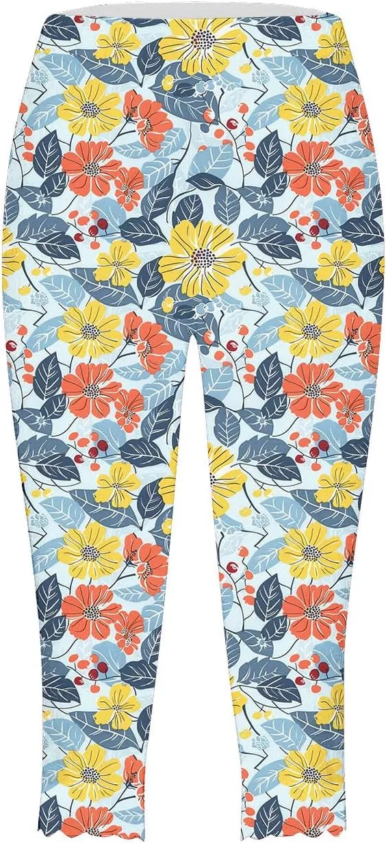 Capri Leggings for Women Floral Print High Waist Capris Tummy Control Knee Length Slim Fit Yoga Cropped Trousers