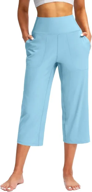 Capri Pants for Women Summer Casual Elastic Waist Wide Leg Cropped Trousers Plus Size Tummy Control Petite Yoga Pants