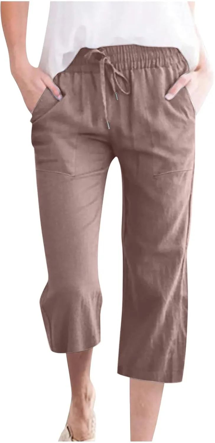 Capri Pants for Women Summer Cotton Linen High Waist Wide Leg Cropped Drawstring Elastic Casual Trouser