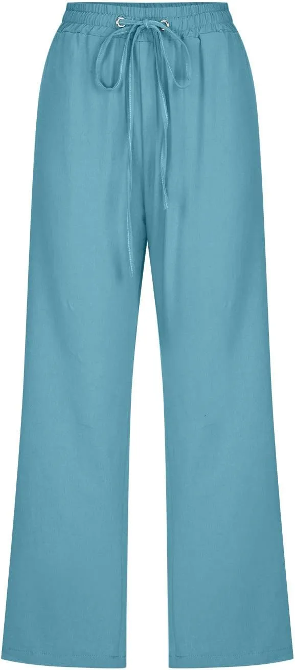 Capri Pants for Women Summer Cotton Linen High Waist Wide Leg Cropped Drawstring Elastic Casual Trouser
