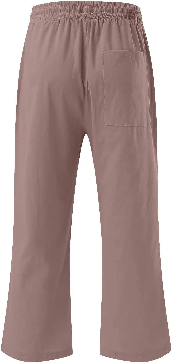 Capri Pants for Women Summer Cotton Linen High Waist Wide Leg Cropped Drawstring Elastic Casual Trouser