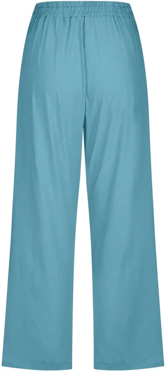 Capri Pants for Women Summer Cotton Linen High Waist Wide Leg Cropped Drawstring Elastic Casual Trouser