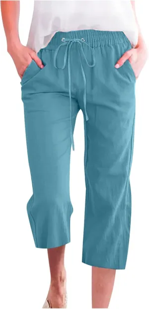 Capri Pants for Women Summer Cotton Linen High Waist Wide Leg Cropped Drawstring Elastic Casual Trouser