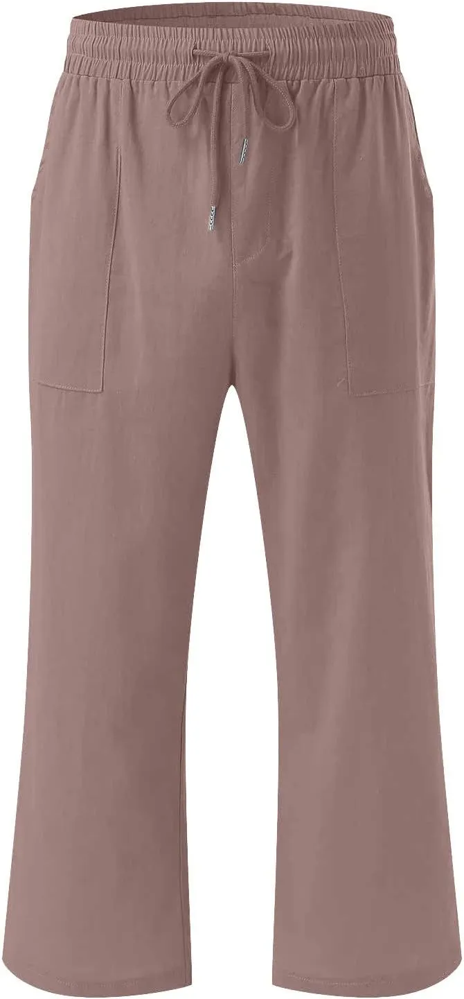 Capri Pants for Women Summer Cotton Linen High Waist Wide Leg Cropped Drawstring Elastic Casual Trouser