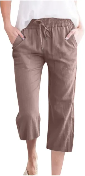 Capri Pants for Women Summer Cotton Linen High Waist Wide Leg Cropped Drawstring Elastic Casual Trouser