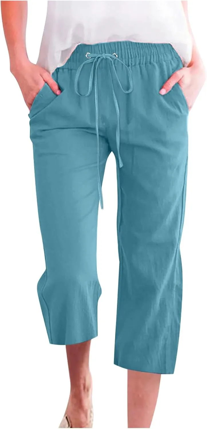Capri Pants for Women Summer Cotton Linen High Waist Wide Leg Cropped Drawstring Elastic Casual Trouser