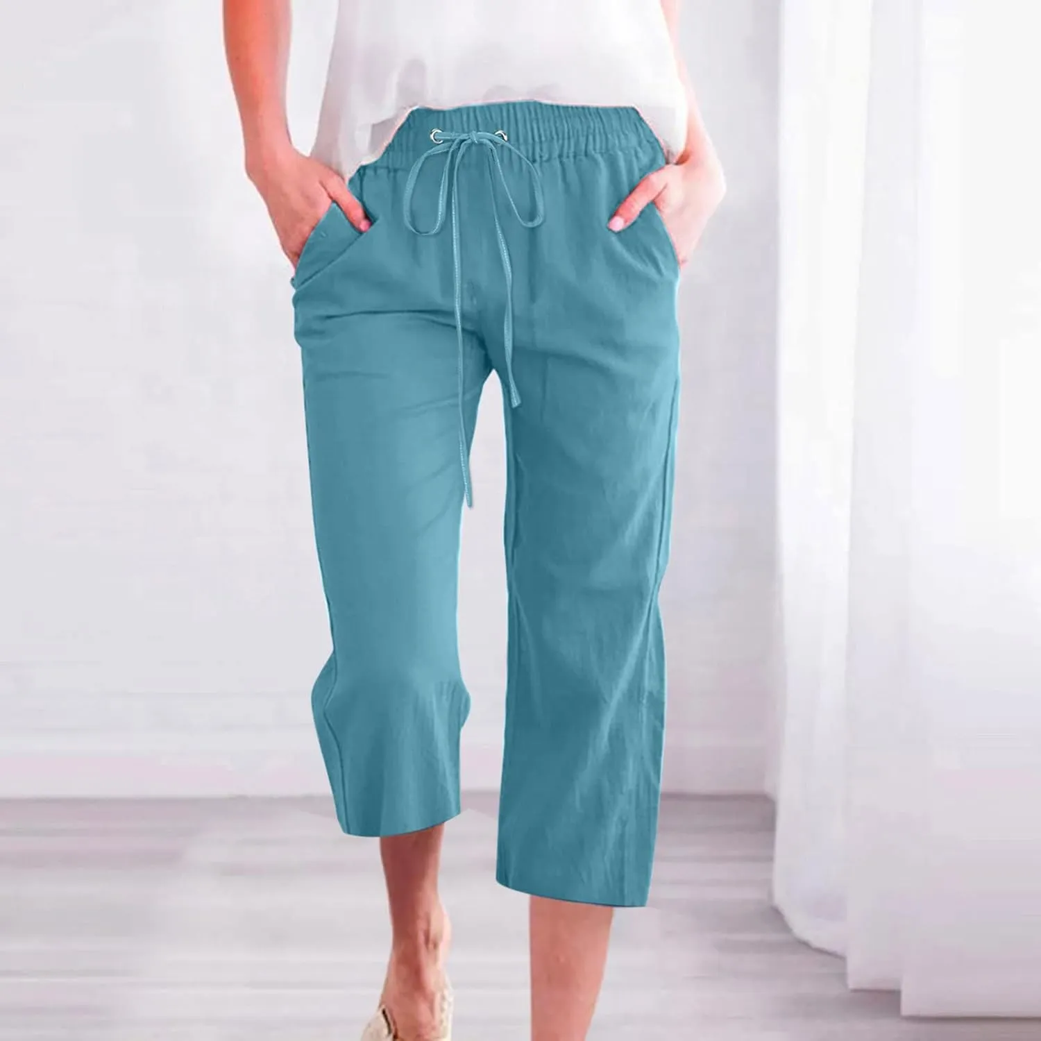 Capri Pants for Women Summer Cotton Linen High Waist Wide Leg Cropped Drawstring Elastic Casual Trouser