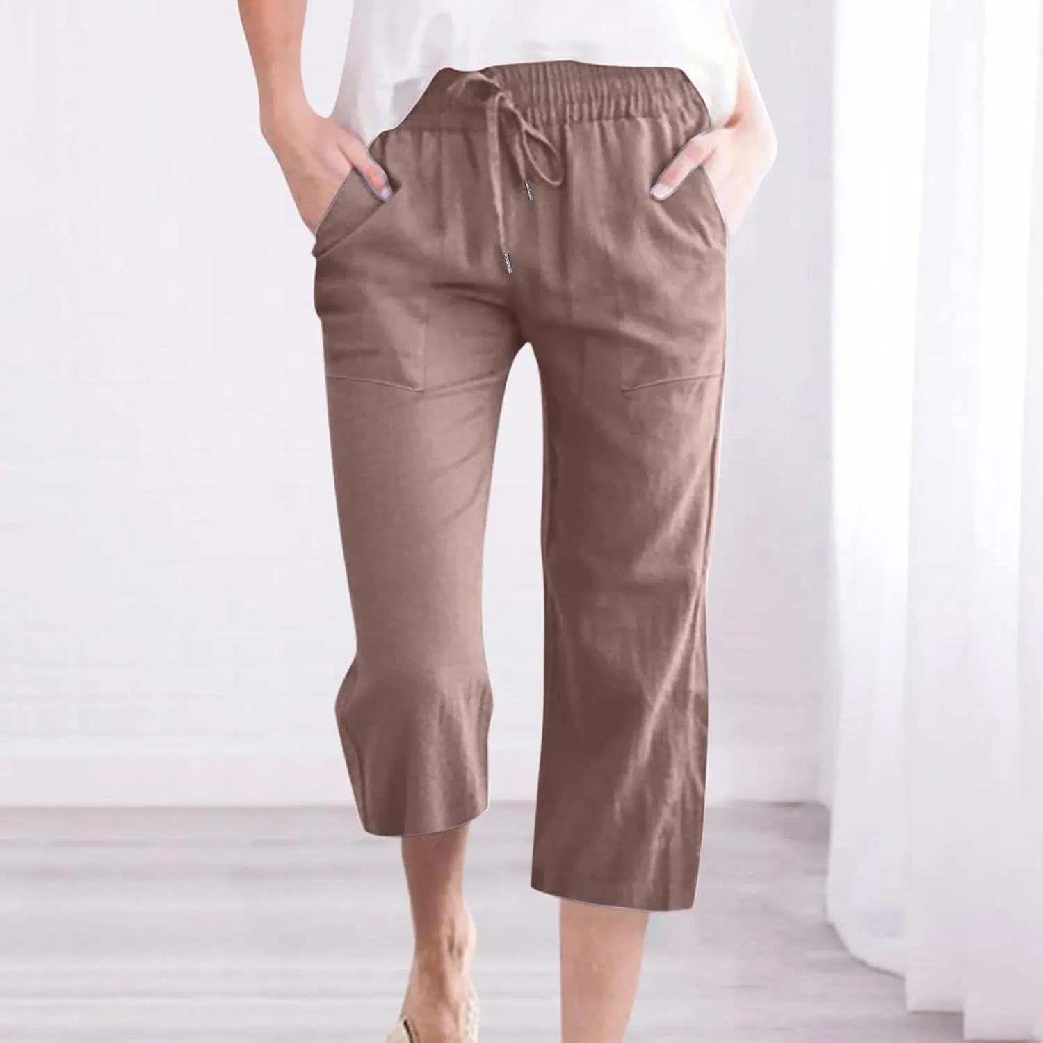 Capri Pants for Women Summer Cotton Linen High Waist Wide Leg Cropped Drawstring Elastic Casual Trouser