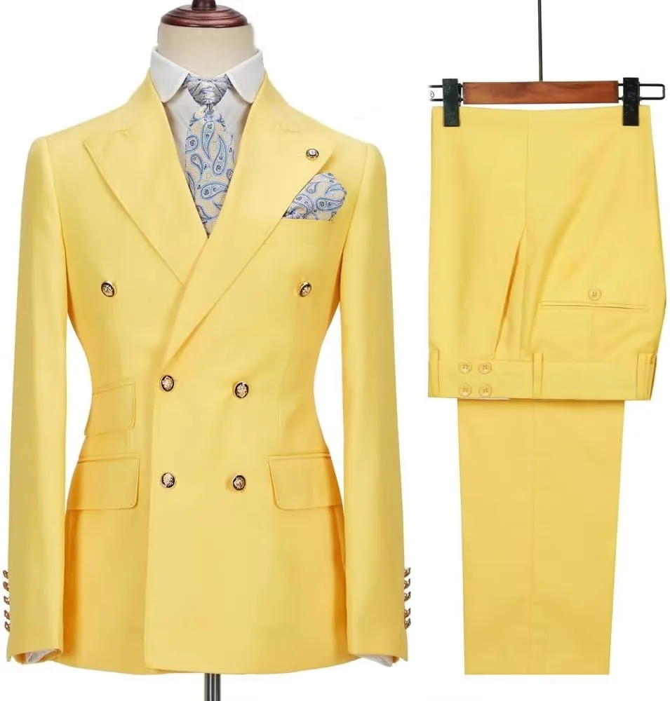 Casual Suits for Men Double Breasted Jacket Pants 2 Pieces Prom Tuxedos Peak Lapel Jacket Pants for Wedding Grooms
