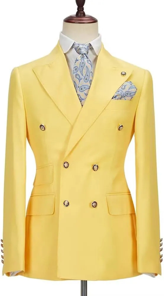 Casual Suits for Men Double Breasted Jacket Pants 2 Pieces Prom Tuxedos Peak Lapel Jacket Pants for Wedding Grooms
