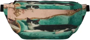 Cat Lounging On Teal Green Couch Fanny Pack For Women Man, Waist Belt Bag Crossbody For Sports Travel Hiking Running Jogging