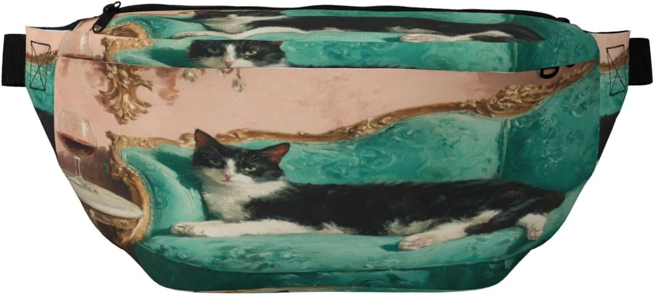Cat Lounging On Teal Green Couch Fanny Pack For Women Man, Waist Belt Bag Crossbody For Sports Travel Hiking Running Jogging