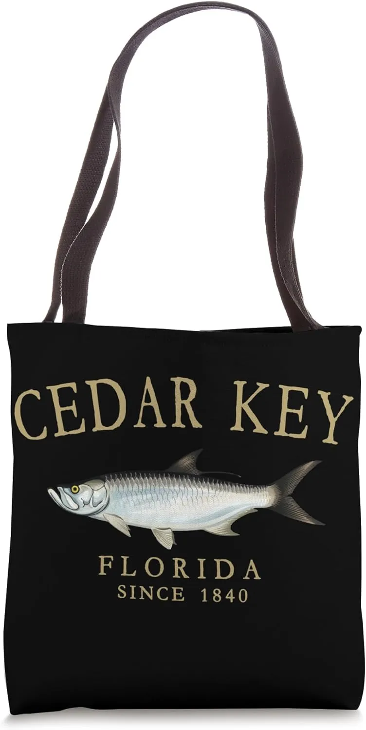 Cedar Key Florida Tarpon Fish Since 1870 Arched Tan Letters Tote Bag