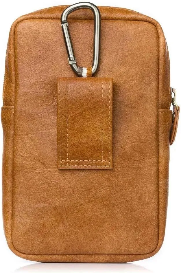 Cell Phone Waist Belt Bag Leather, Vertical Smartphone Waist Pouch for Men, Waterproof Cellphone Travel Sport Waist Pouch Pocket Wallet Cell Phone Belt Clip Holder with Locking Carabiner Hook