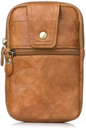 Cell Phone Waist Belt Bag Leather, Vertical Smartphone Waist Pouch for Men, Waterproof Cellphone Travel Sport Waist Pouch Pocket Wallet Cell Phone Belt Clip Holder with Locking Carabiner Hook