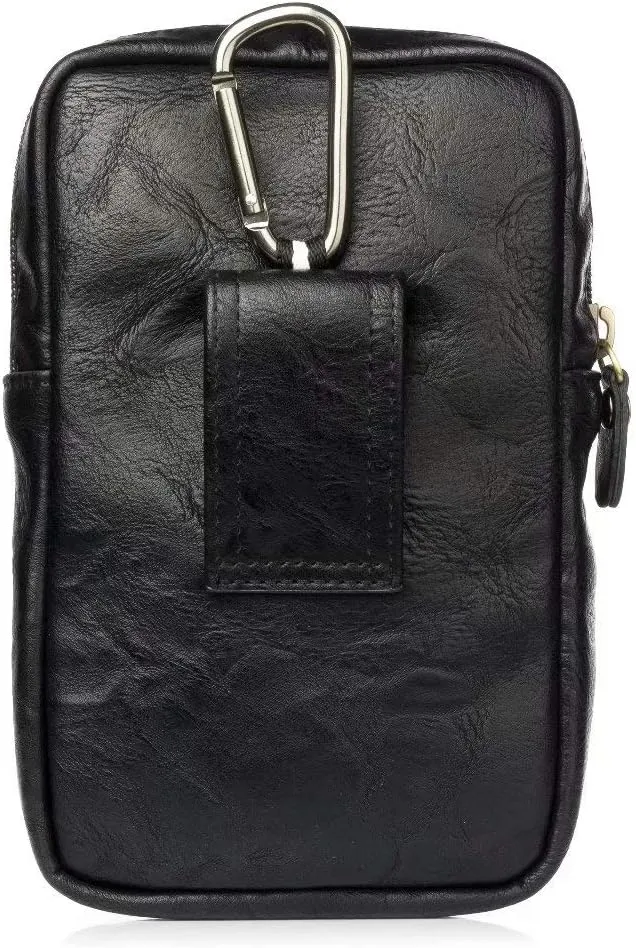 Cell Phone Waist Belt Bag Leather, Vertical Smartphone Waist Pouch for Men, Waterproof Cellphone Travel Sport Waist Pouch Pocket Wallet Cell Phone Belt Clip Holder with Locking Carabiner Hook