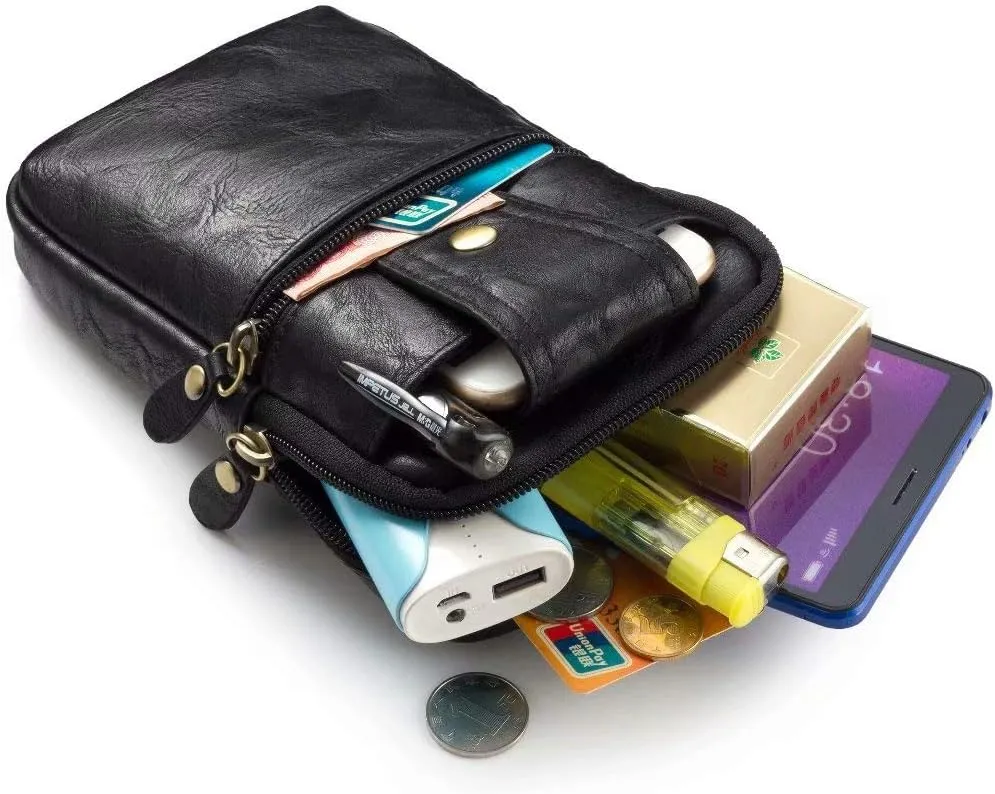 Cell Phone Waist Belt Bag Leather, Vertical Smartphone Waist Pouch for Men, Waterproof Cellphone Travel Sport Waist Pouch Pocket Wallet Cell Phone Belt Clip Holder with Locking Carabiner Hook