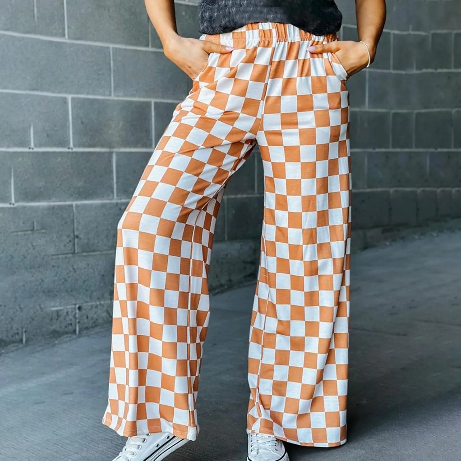 Checkered Pants for Women Elastic High Waist Wide Leg Lounge Pants Straight Loose Fit Plaid Trousers with Pockets