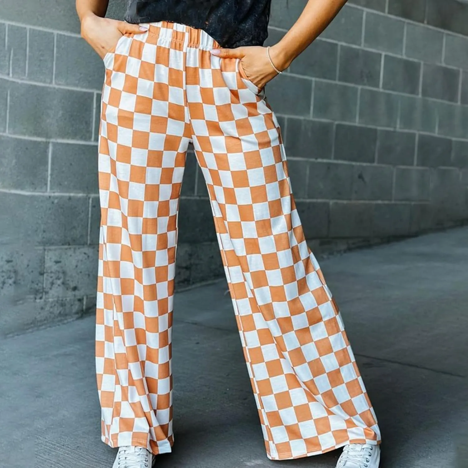Checkered Pants for Women Elastic High Waist Wide Leg Lounge Pants Straight Loose Fit Plaid Trousers with Pockets