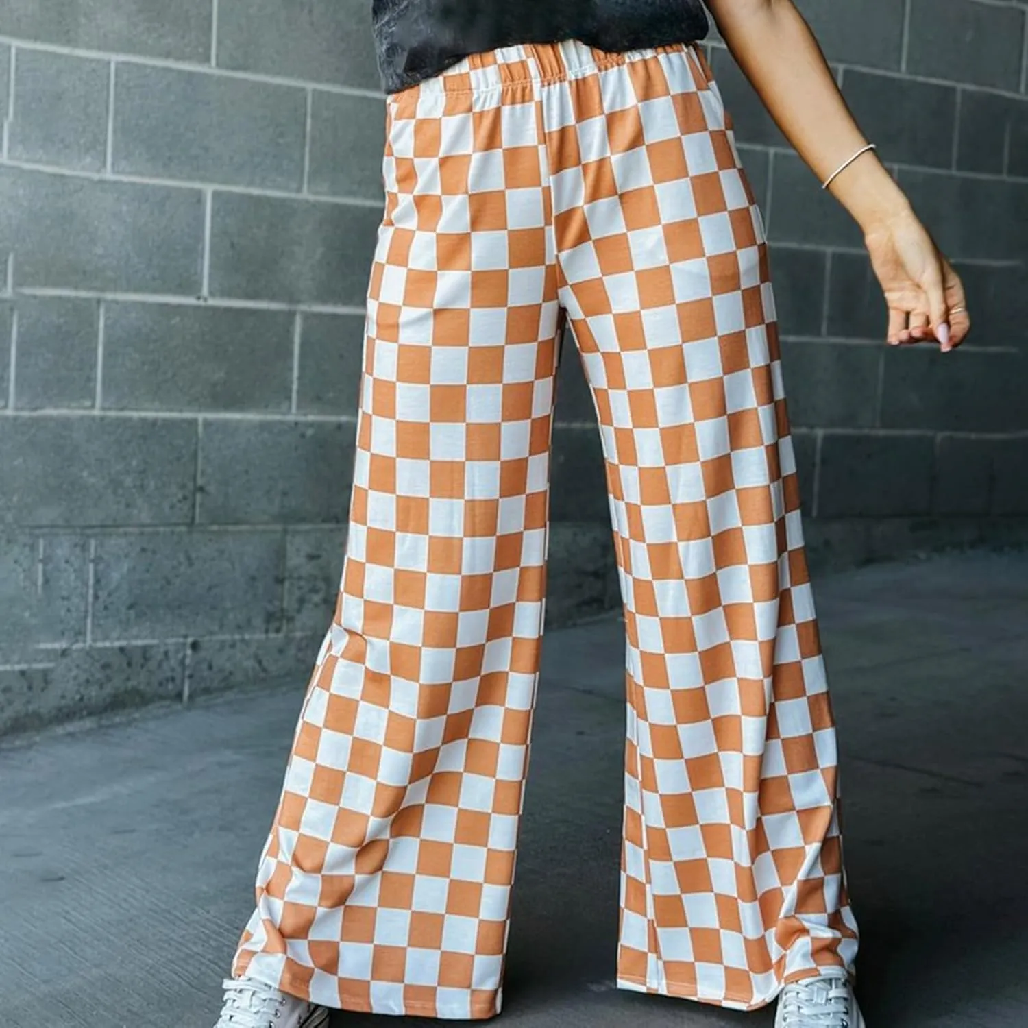 Checkered Pants for Women Elastic High Waist Wide Leg Lounge Pants Straight Loose Fit Plaid Trousers with Pockets