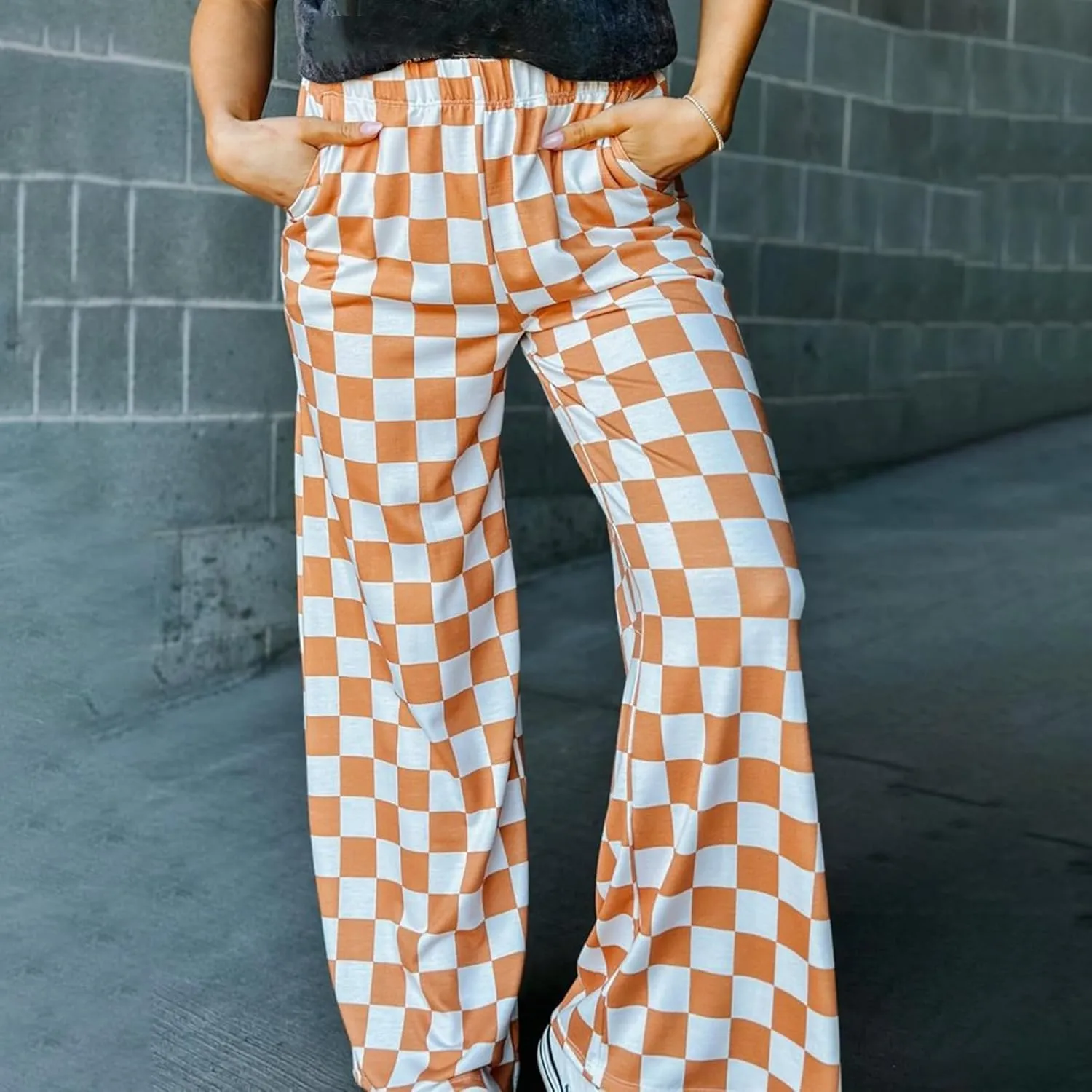 Checkered Pants for Women Elastic High Waist Wide Leg Lounge Pants Straight Loose Fit Plaid Trousers with Pockets