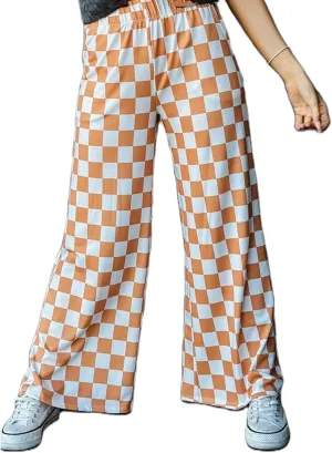 Checkered Pants for Women Elastic High Waist Wide Leg Lounge Pants Straight Loose Fit Plaid Trousers with Pockets