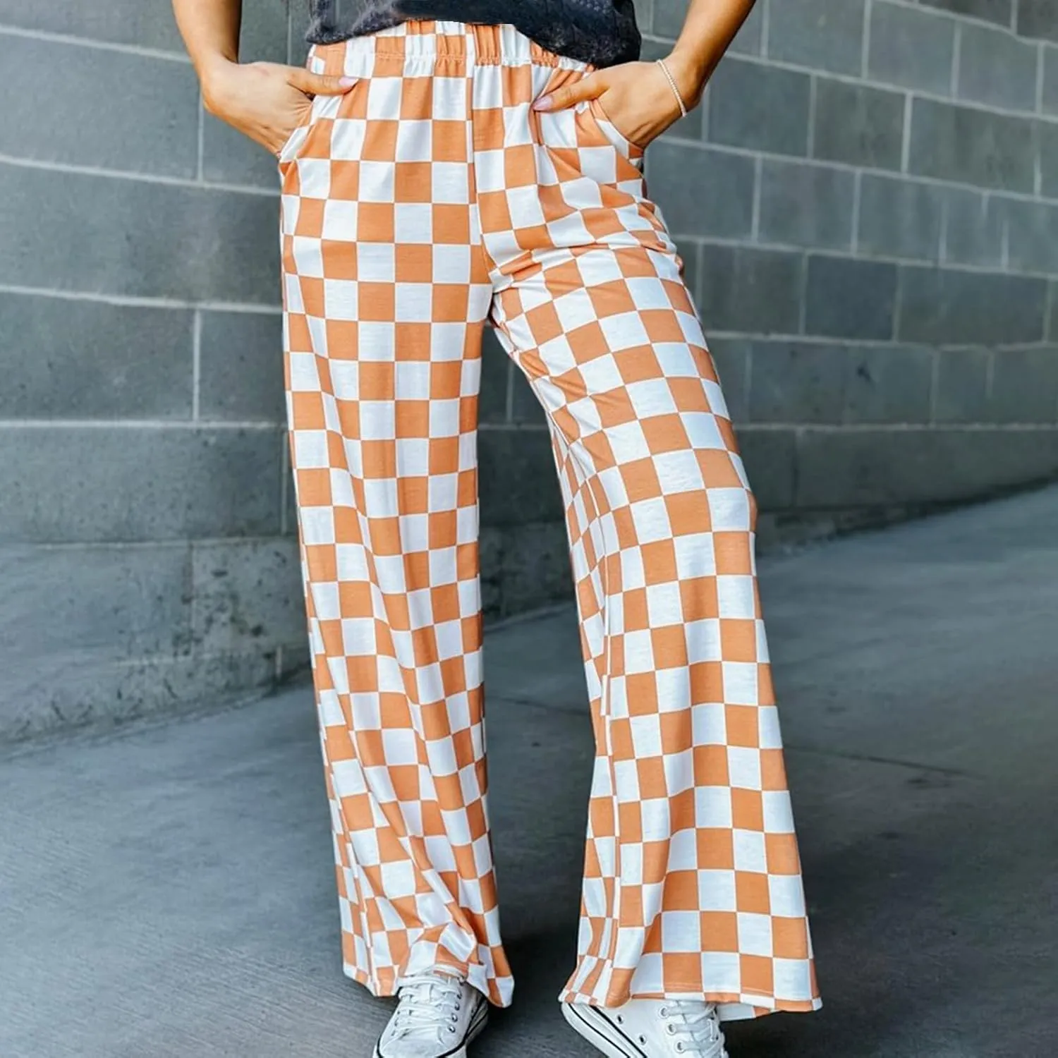 Checkered Pants for Women Elastic High Waist Wide Leg Lounge Pants Straight Loose Fit Plaid Trousers with Pockets