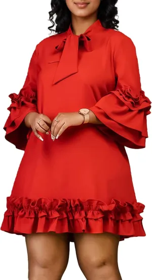 Cocoinsity Women's Plus Size Vintage Dress Ruffle Sleeve with Tie Casual A line Swing Midi Dresses