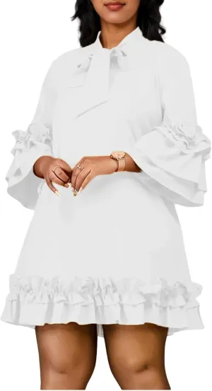 Cocoinsity Women's Plus Size Vintage Dress Ruffle Sleeve with Tie Casual A line Swing Midi Dresses